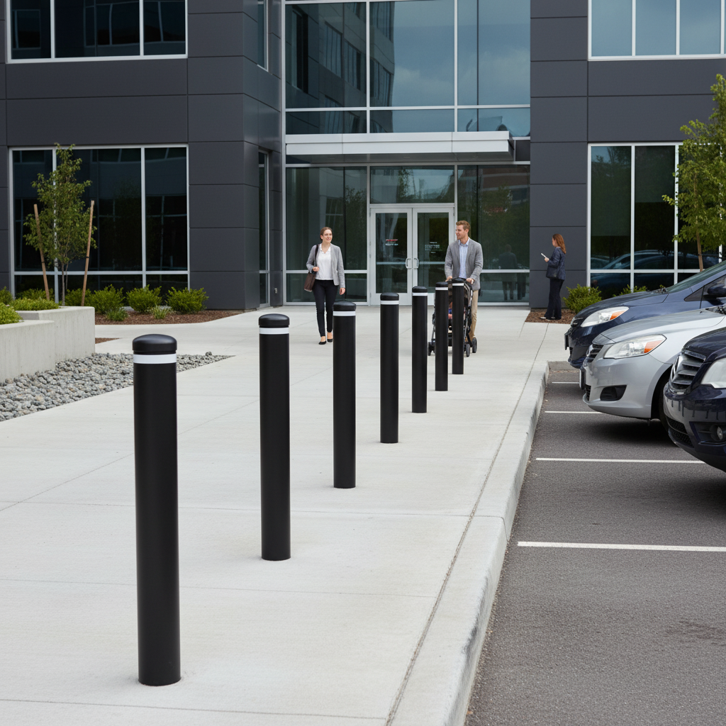 Black bollards line a sidewalk in front of a modern building with people walking by.